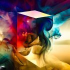 Abstract cube explosion with fiery orange and cool blue energy on gradient backdrop