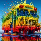 Colorful sculptural school bus with paint splashes and shiny surface