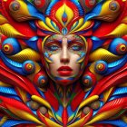 Colorful Psychedelic Digital Artwork: Abstract Face with Multiple Eyes and Vibrant Orbs