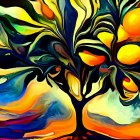 Colorful Stylized Tree Artwork with Swirling Branches