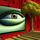 Surrealist artwork: Oversized eye, golden brain-like tree, red leaves, undulating terrain