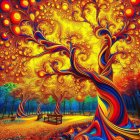 Colorful Psychedelic Artwork: Intertwining Trees and Rivers in Yellow, Orange,