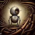 Metallic robot with large reflective eye in abstract landscape.