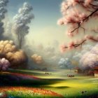 Vibrant surreal landscape with cloud-like trees and colorful ground