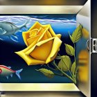 Colorful digital artwork: Large yellow rose, smaller roses, and leaves on abstract background with geometric frame