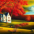 Colorful Landscape with Stylized Trees, House, and Floating Spheres