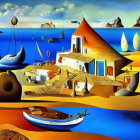 Colorful mythical seascape with sailing ships and whimsical buildings.