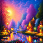 Colorful village with winding river and oversized moons in vibrant sunset landscape