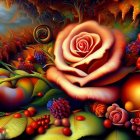 Colorful rose surrounded by multicolored liquid splashes