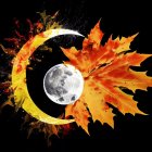 Stylized crescent moon with patterned sphere and autumn leaves on black background