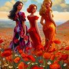 Illustration of Four Female Figures with Floral Elements in Surreal Landscape