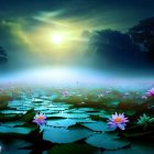 Mystical forest with blue and green trees, serene pond, lotus flowers under starry sky