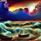 Ocean waves under setting sun, blue, orange, white tones