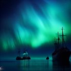 Northern Lights illustration: sailboat, calm waters, silhouetted trees, starry sky