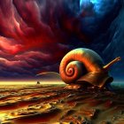 Detailed Snail Illustration on Textured Surface with Colorful Smoke