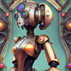 Steampunk-style female robotic figure with ornate gears in 3D illustration