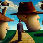 Two faces with tree-like hats, small figure, birds, starry sky in surreal artwork