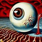 Surreal illustration: large eye-like structure on textured landscape