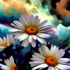 Colorful Abstract Painting with Stylized Daisies and Geometric Patterns