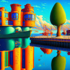 Surreal landscape with towering rock formations, reflective water, floating elements, and a castle-like structure