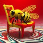 Mechanical insect-like creature with golden and copper parts on checkered surface against red background