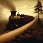 Vintage steam locomotive on track in golden sunset landscape with lone tree.