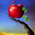 Surreal painting of red apple with eye, leafless branch, blue sky, tiny figures