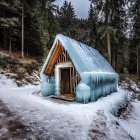 Snowy forest A-frame cabin with warm light and tall pines