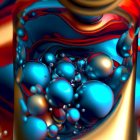 Abstract 3D rendering with metallic spheres and intricate patterns in cool blues and warm golden tones