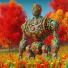 Golden humanoid robot with intricate designs in autumn field.