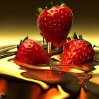 Fresh ripe strawberries in brown bowl with green leaves and smaller berries.