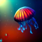 Vibrant jellyfish in gradient hues underwater with bubbles and smaller jellyfish