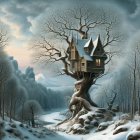 Snowy treehouse illustration with lit windows in serene landscape.