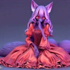 Fantastical woman with feathered headdress in dreamy purple sky