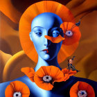 Surreal portrait of woman with blue skin and planetary eyes