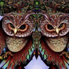 Colorful Geometric Owl Illustration with Prominent Eyes and Detailed Feathers