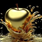 Intricate 3D Golden Apple with Bursting Fragments on Black Background