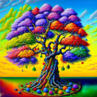 Colorful Tree with Twisted Trunk and Polka-Dotted Spheres on Rainbow Background