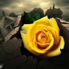 Yellow Rose Surrounded by White Flowers and Black Leaves on Gray Background