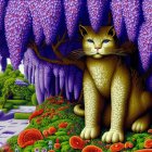 Stylized cats in whimsical forest setting with colorful foliage