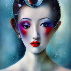 Female digital portrait: ornate gold headpiece, purple makeup, white futuristic outfit