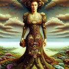 Surreal artwork: Woman with elongated features in fantastical landscape