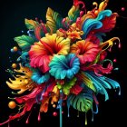 Abstract multicolored fractal flower art on black background