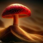 Detailed red mushroom cap with dew, vibrant leaf, blurred autumn background