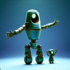 Colorful stylized robots with intricate patterns on blue background