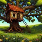 Colorful Artwork of Treehouses in Fantasy Forest