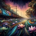 Surreal landscape featuring oversized flowers, water lilies, figures on leaves, and whimsical houses