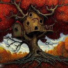 Fantasy treehouse with spiral staircase in autumnal setting