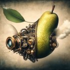 Detailed surreal illustration: pear with paisley pattern, branch with leaves, flowers on textured background