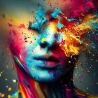 Vibrant abstract portrait of a woman blending into colorful foliage patterns.